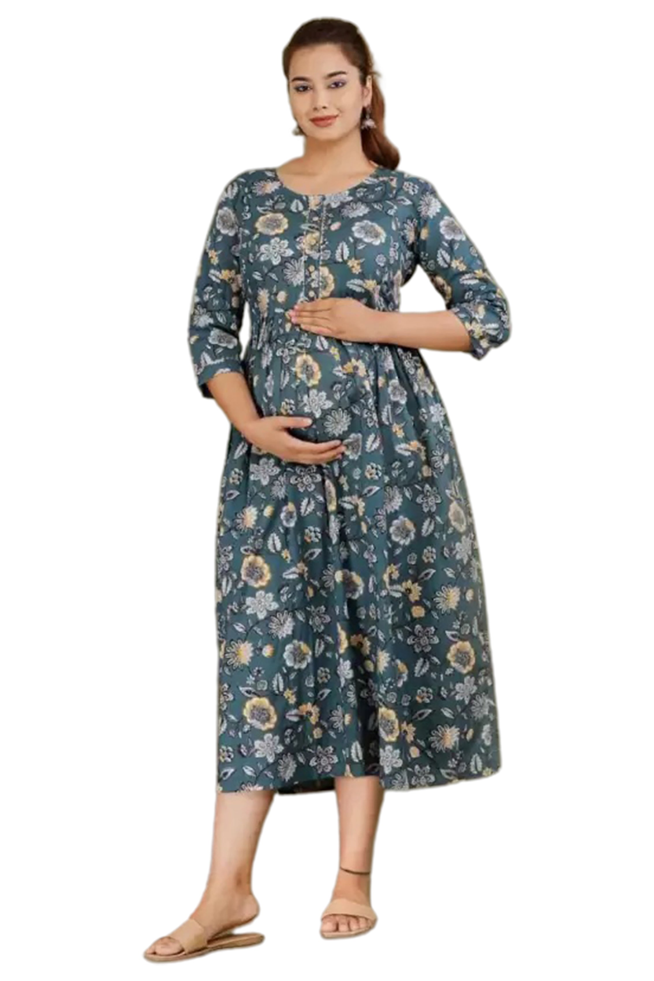 Majestic divas  Cotton Teal Green Floral Maternity Feeding Kurta Dress with Dual Zippers