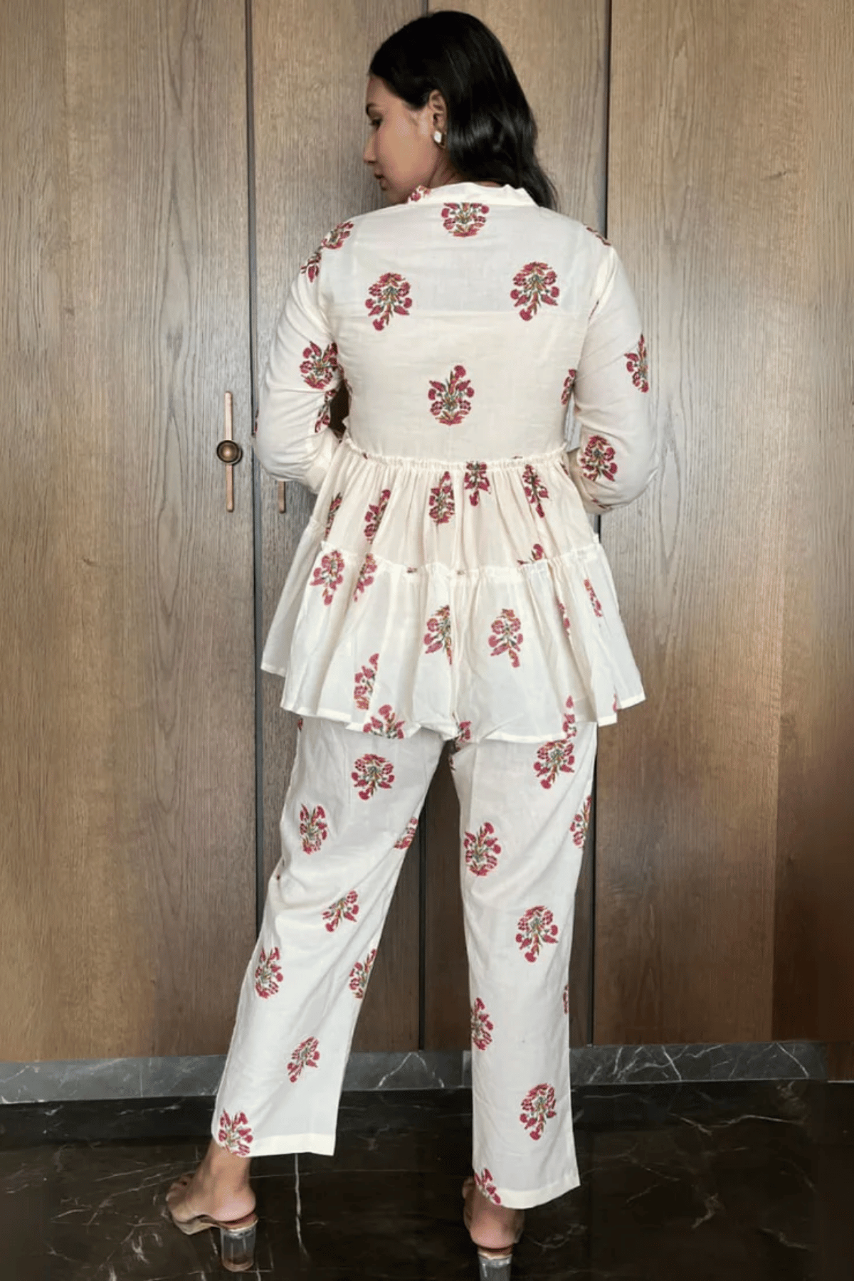 Majestic Diva Off White Floral Printed Peplum Co-Ord Set