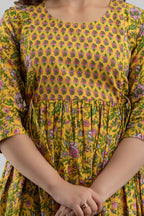 Majestic divas Cotton Mustard Yellow Floral Maternity Feeding Kurta Dress with Dual Zippers