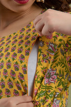 Majestic divas Cotton Mustard Yellow Floral Maternity Feeding Kurta Dress with Dual Zippers