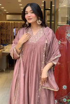 Dusty Mauve Premium Mul Chanderi Anarkali Dupatta Set with Full Embroidery Work