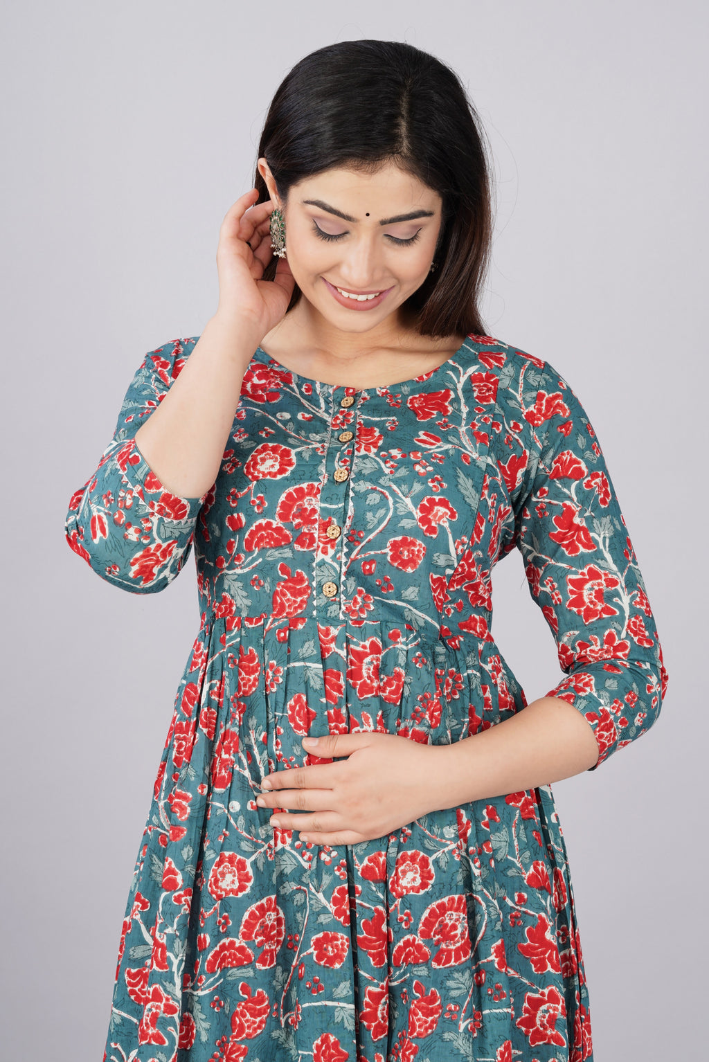 Majestic divas Cotton Teal Blue Red Floral Printed Maternity Feeding Kurta Dress with Dual Zippers