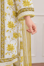 Majestic Diva's White & Mustard Floral Dupatta Set