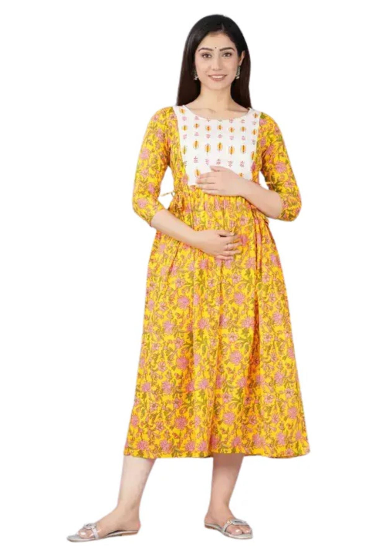 Majestic divas Cotton Lemon Yellow Floral Maternity Feeding Kurta Dress with Dual Zippers