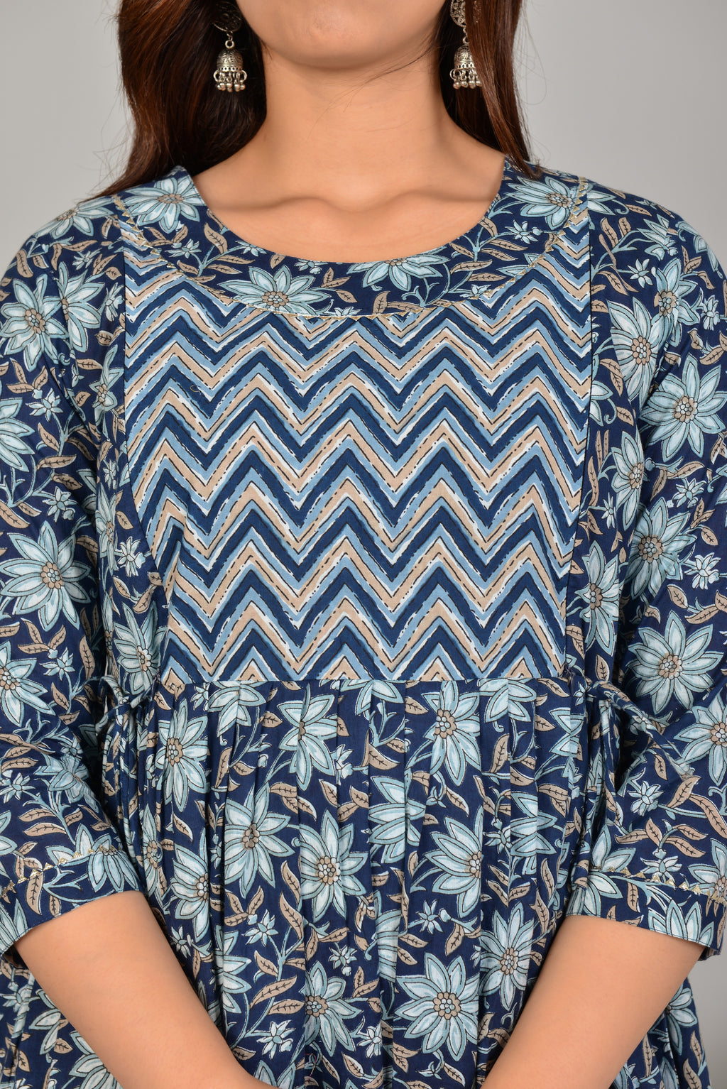 Majestic divas Cotton Navy Blue Floral Printed Maternity Feeding Kurta Dress with Dual Zippers