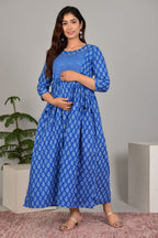 Majestic divas Cotton Blue White Buta Printed Maternity Feeding Kurta Dress with Dual Zippers