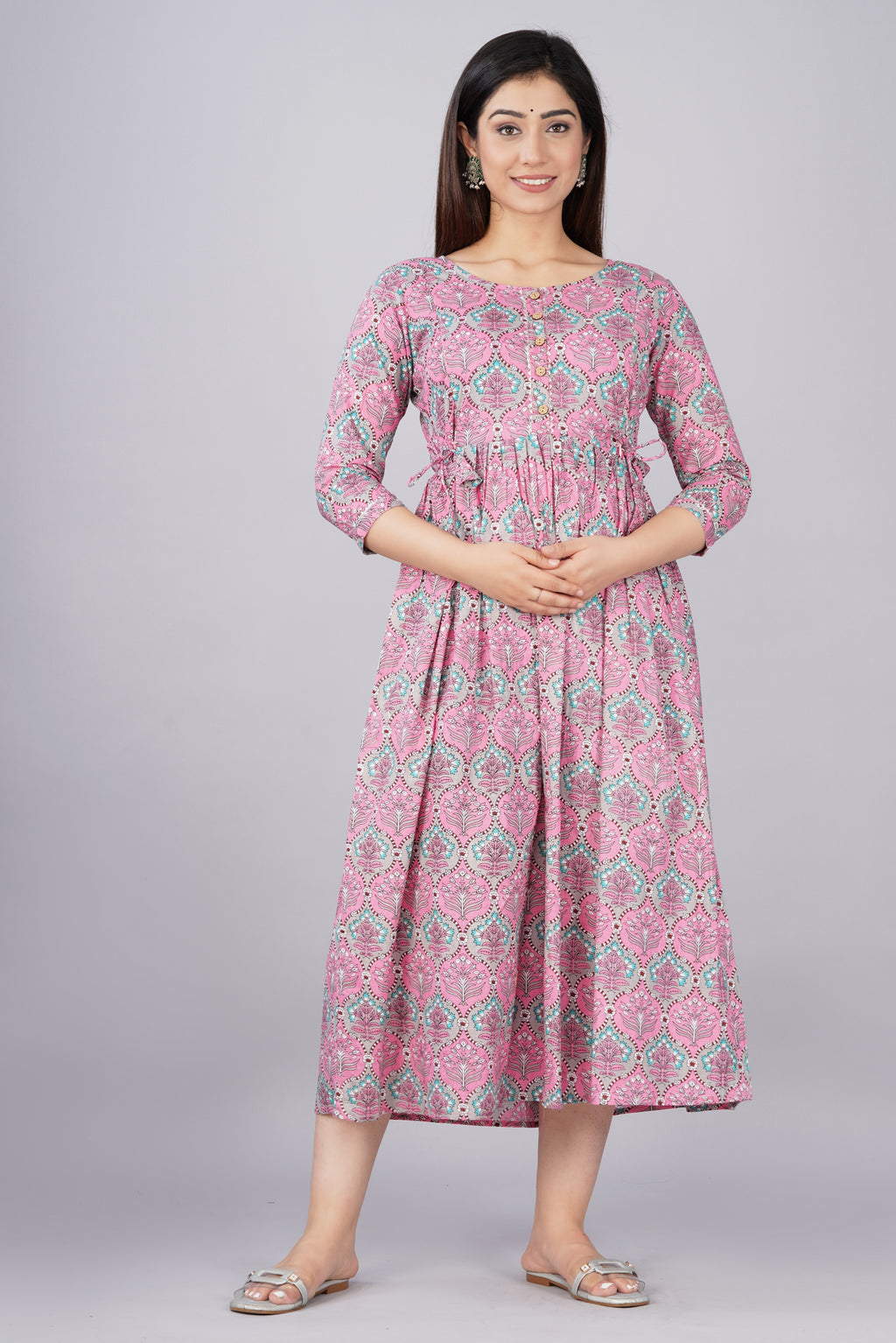 Majestic divas Cotton Pink Blue Floral Buta Printed Maternity Feeding Kurta Dress with Dual Zippers