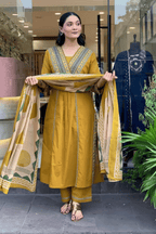 Majestic Diva Mustard Yellow Embroidered and Printed Dupatta set