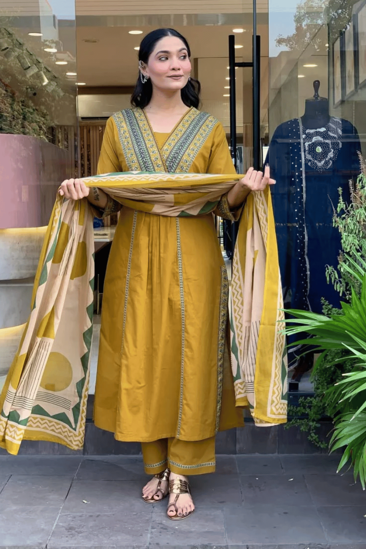 Majestic Diva Mustard Yellow Embroidered and Printed Dupatta set