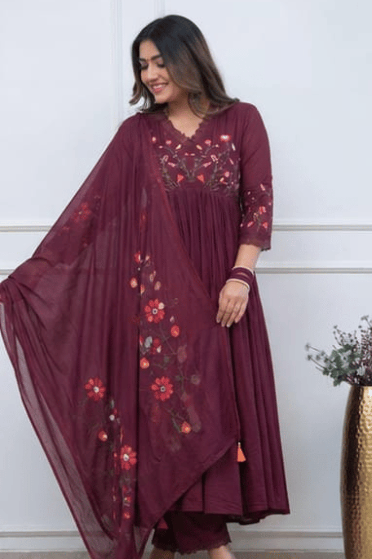 Majestic Divas Royal Wine Embroidered Anarkali Dupatta Set