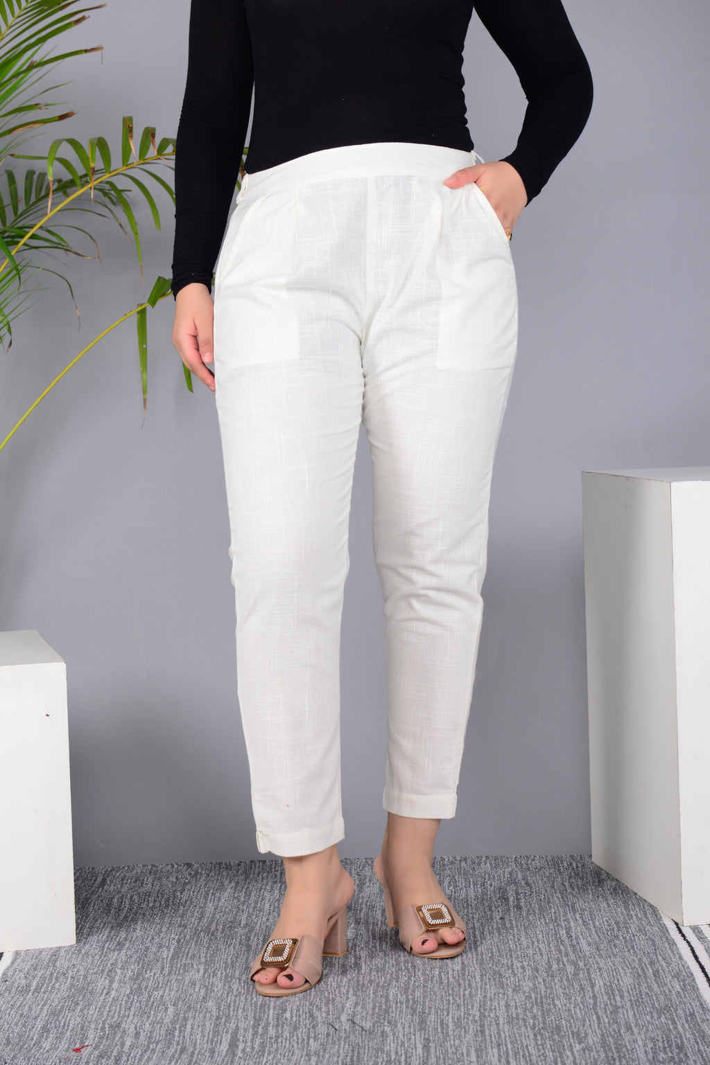 Majestic Diva's Women’s High Waist Off-White Tapered Pants