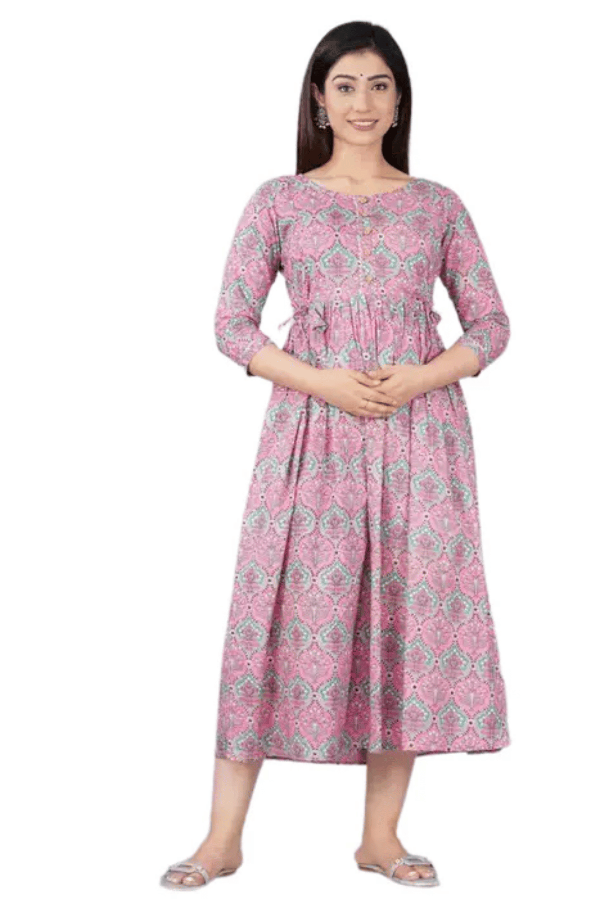 Majestic divas Cotton Lavender Floral Maternity Feeding Kurta Dress with Dual Zippers