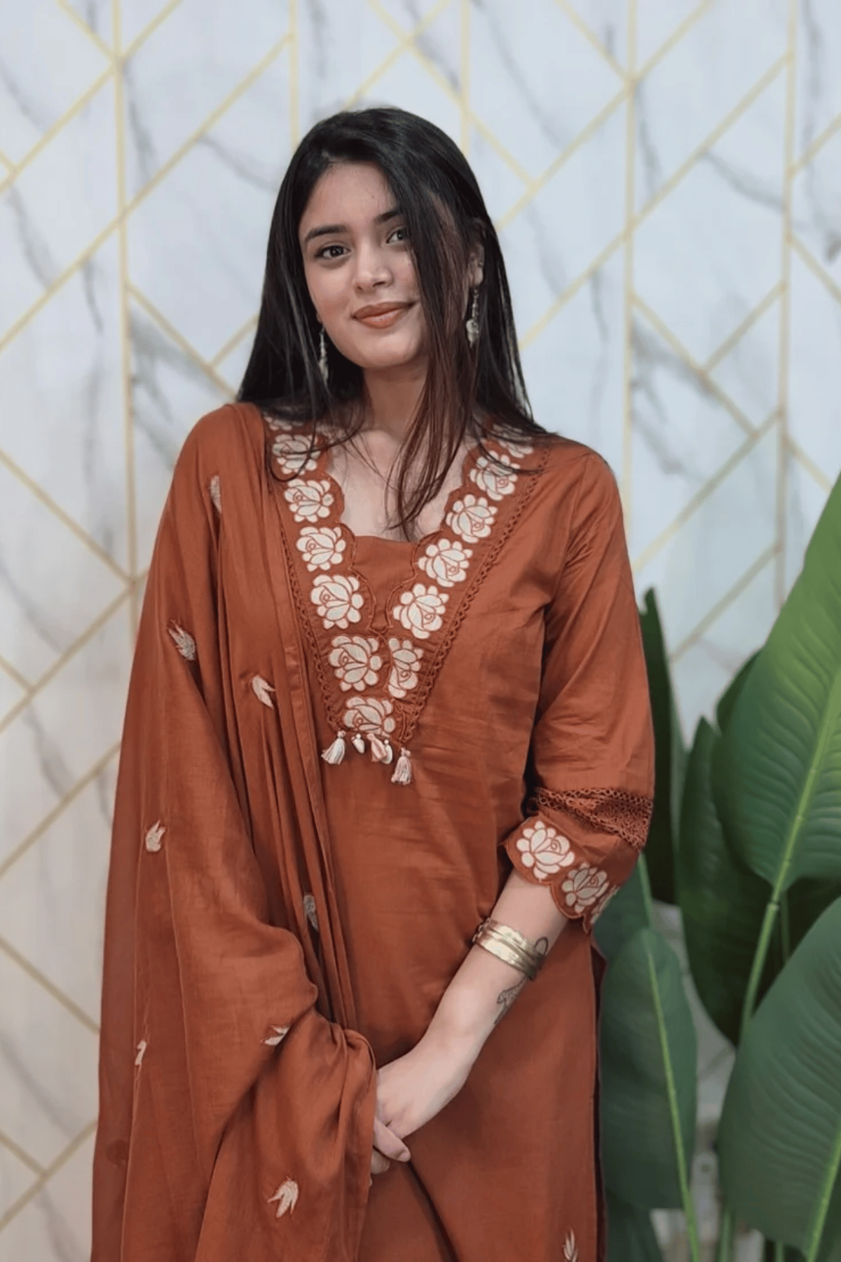 Majestic Diva Rust Brown Floral Embroidered Kurta Set with Dupatta
