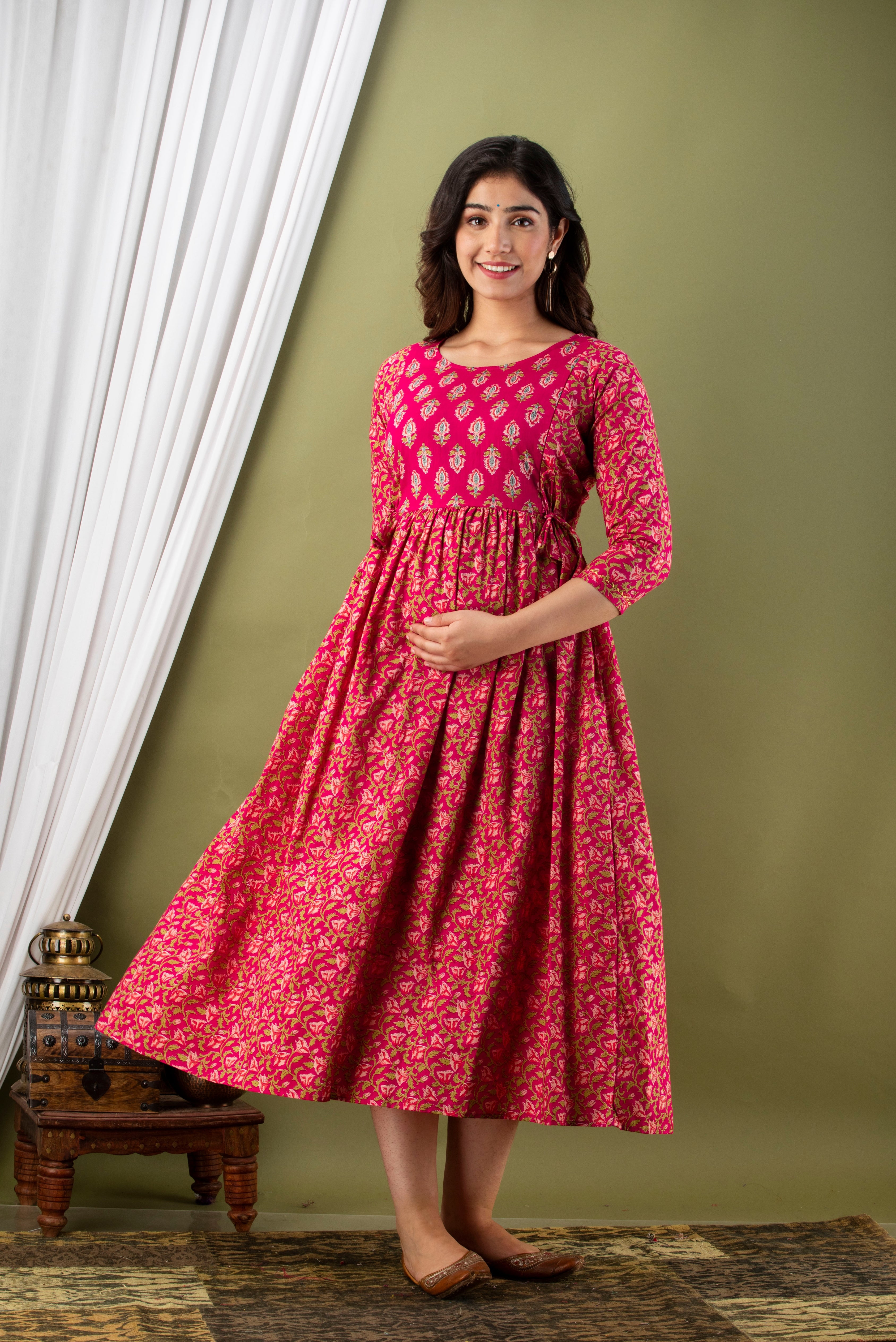 Majestic divas Cotton Rani Pink Floral Buta Printed Maternity Feeding Kurta Dress with Dual Zippers Main image