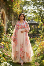Peach Ivory Floral Digital Print Chiffon Anarkali Dupatta Set