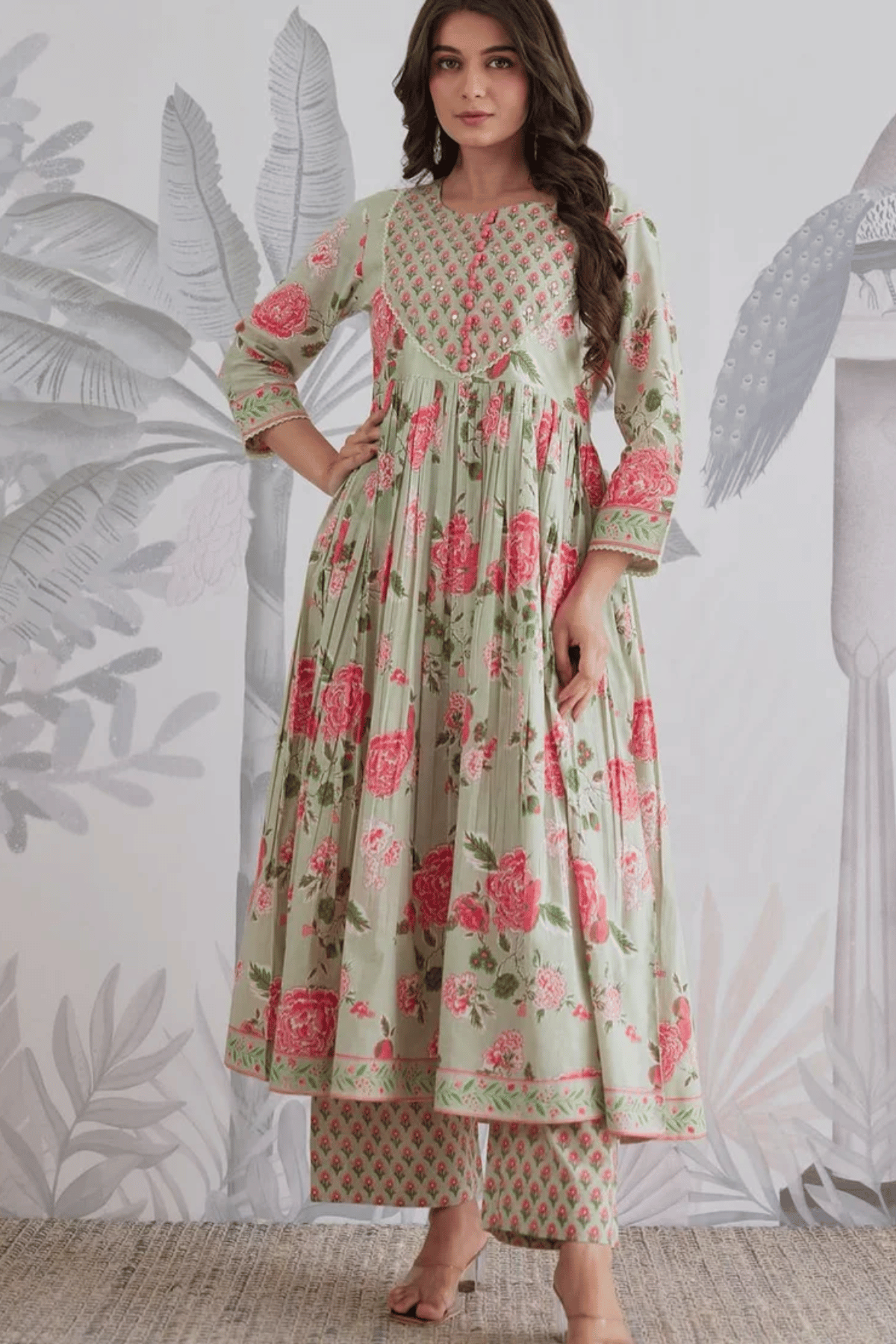 Majestic Diva's Sage Green Floral Printed Dupatta Set
