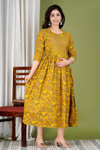 Majestic divas Cotton Mustard Yellow Floral Vine Printed Maternity Feeding Kurta Dress with Dual Zippers
