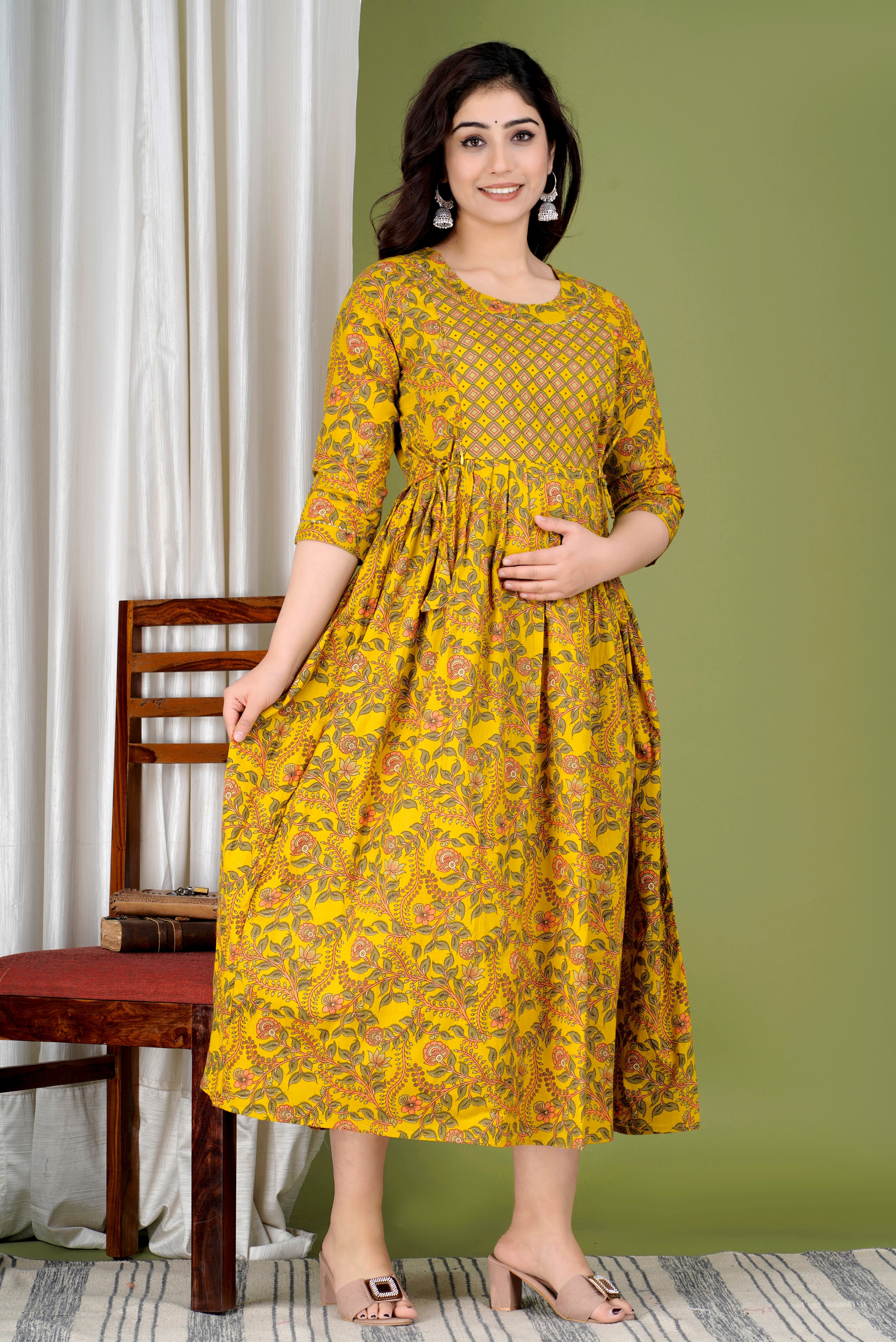 Majestic divas Cotton Mustard Yellow Floral Vine Printed Maternity Feeding Kurta Dress with Dual Zippers