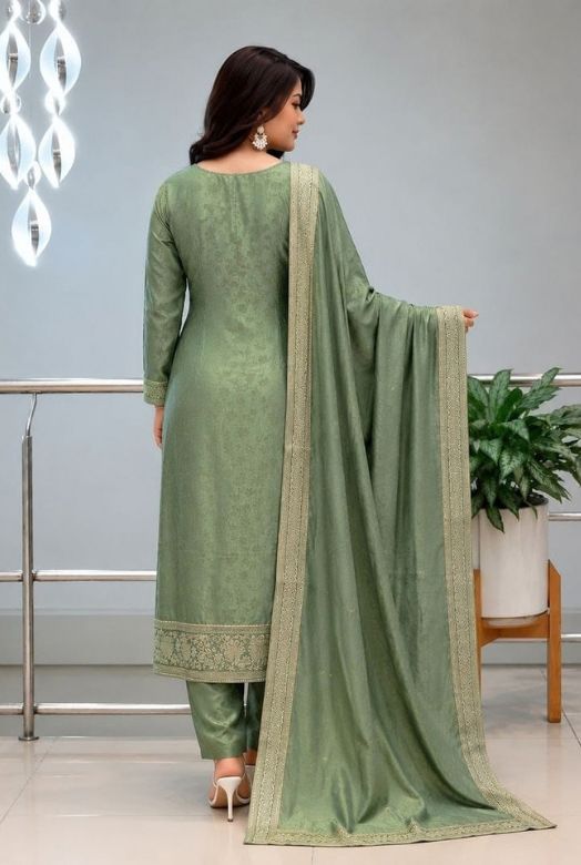 Sage Green Pure Malay Glass Tissue Kanjivaram Handwork Dupatta Set  with Jacquard Dupatta Secondary image