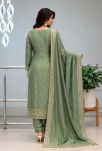Sage Green Pure Malay Glass Tissue Kanjivaram Handwork Dupatta Set  with Jacquard Dupatta