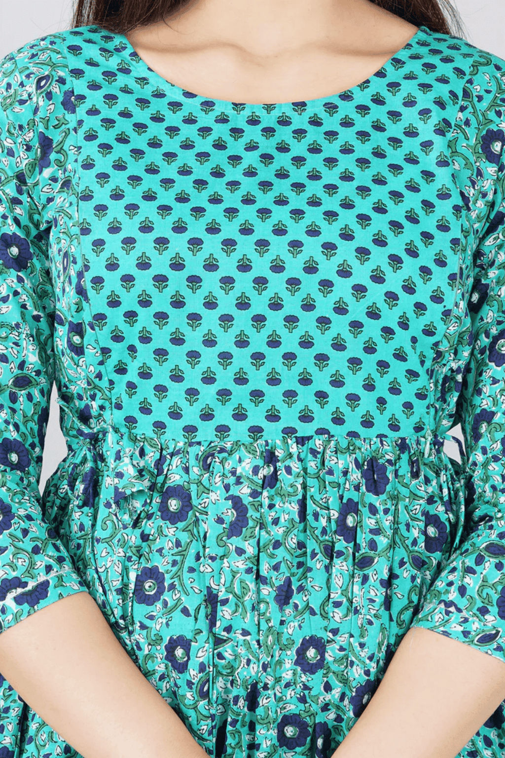 Majestic divas Cotton Teal Blue Black Floral Printed Maternity Feeding Kurta Dress with Dual Zippers