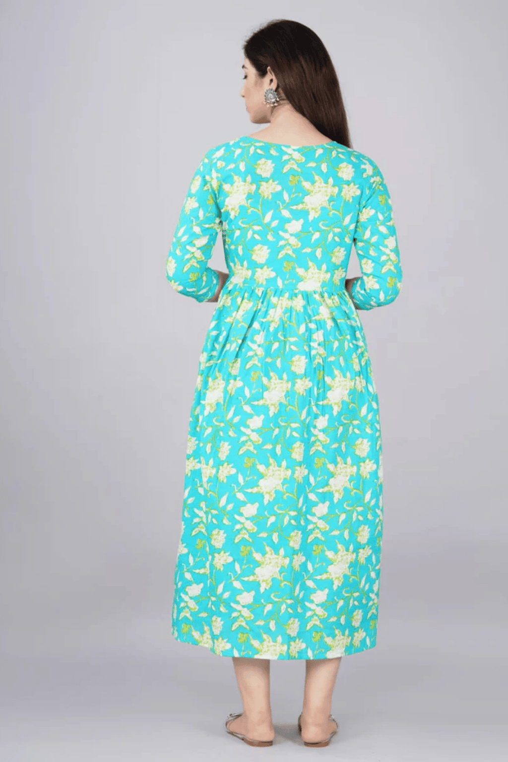 Majestic divas Cotton Aqua Blue Floral Maternity Feeding Kurta Dress with Dual Zippers