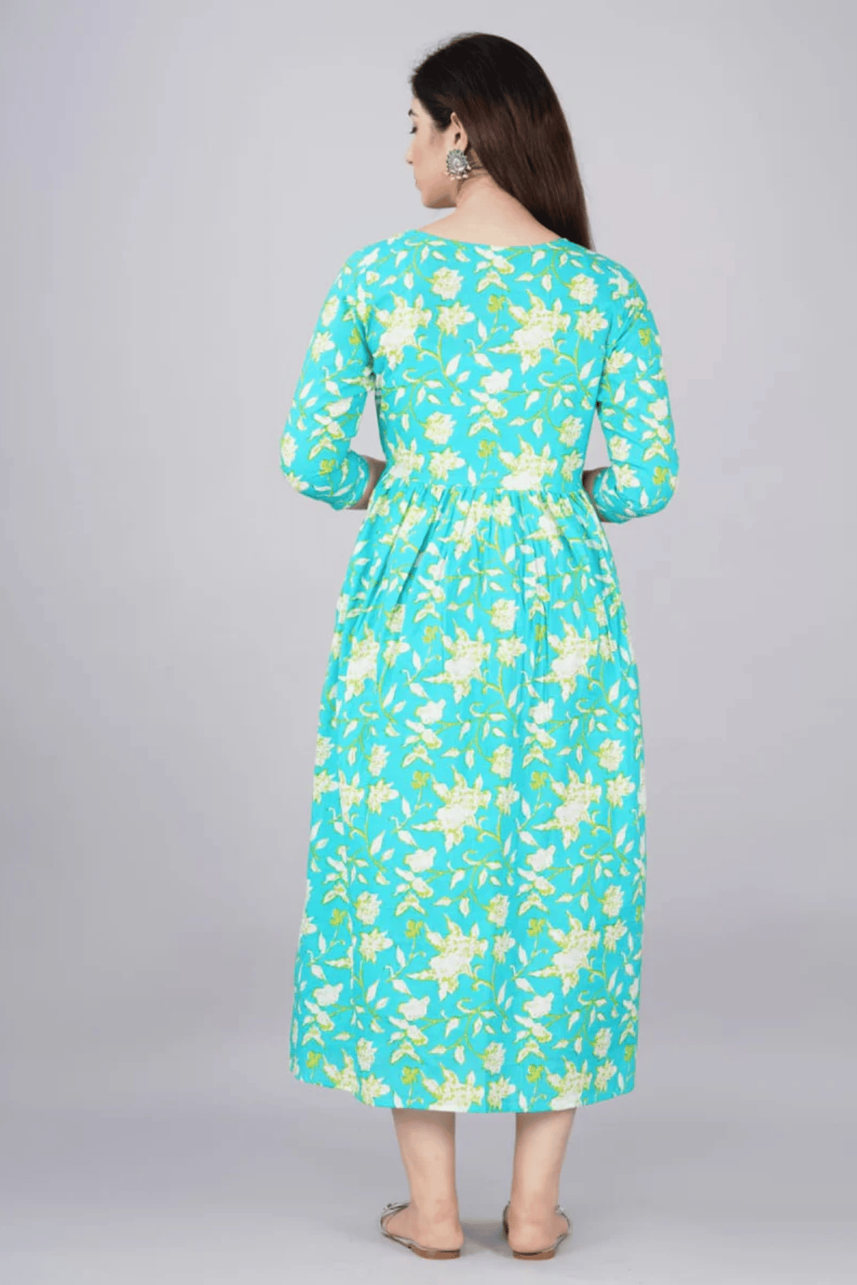 Majestic divas Cotton Aqua Blue Floral Maternity Feeding Kurta Dress with Dual Zippers