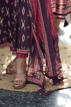 Majestic Diva Purple Ikat Print Anarkali Dupatta Set