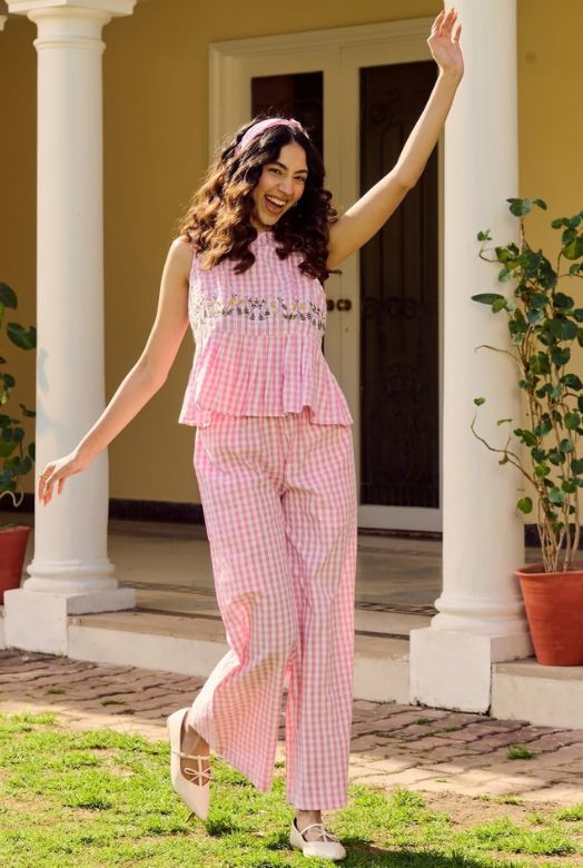 Pink Gingham Check Cotton Co-ord Set with Floral Embroidery & Wide-Leg Pants