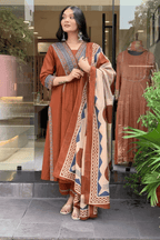 Majestic Diva Rust Brown Embroidered and Printed Dupatta Set