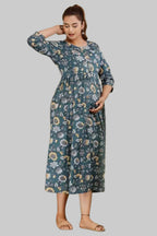 Majestic divas  Cotton Teal Green Floral Maternity Feeding Kurta Dress with Dual Zippers