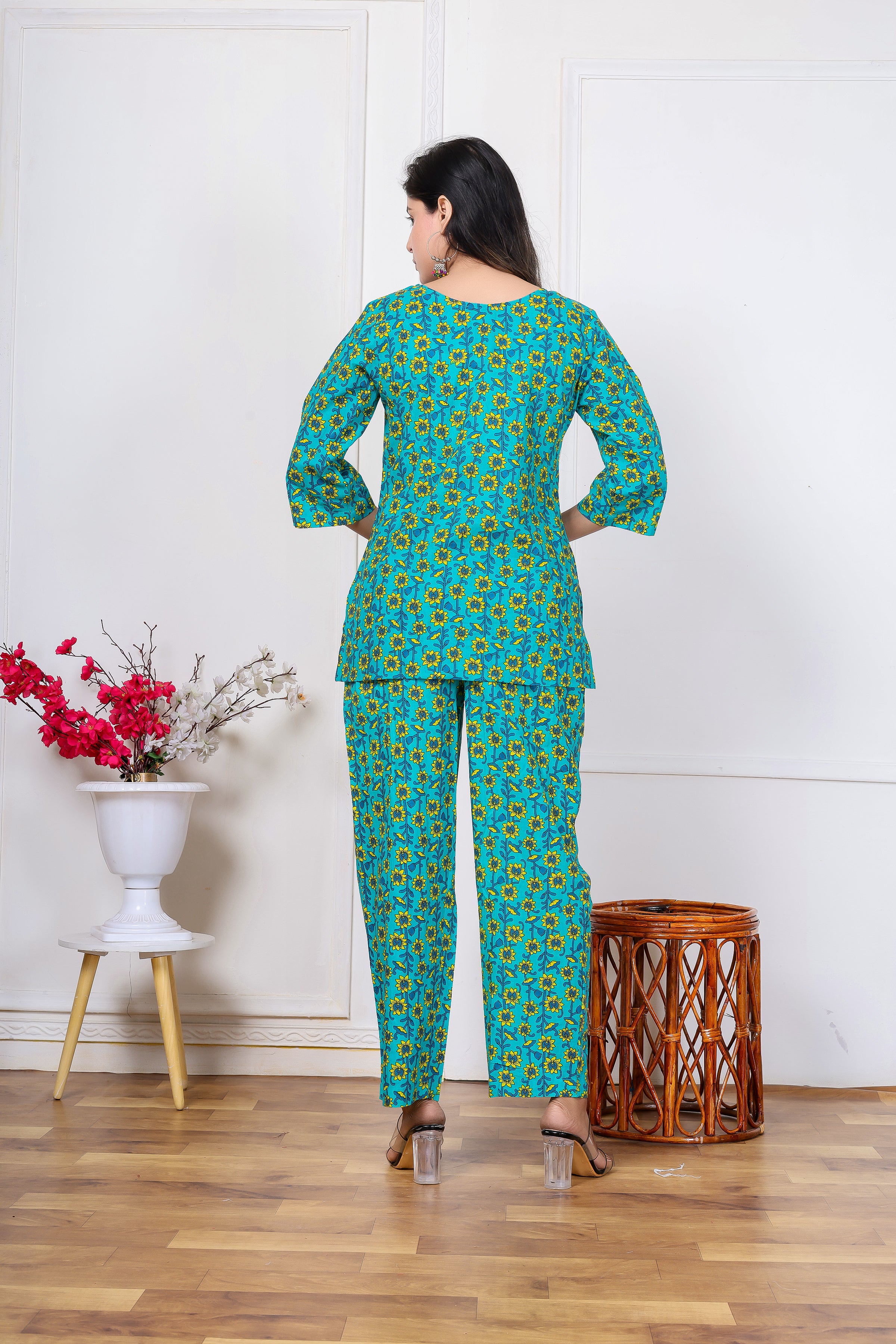 Majestic Diva's Teal Blue Floral Co-ord Set for Women