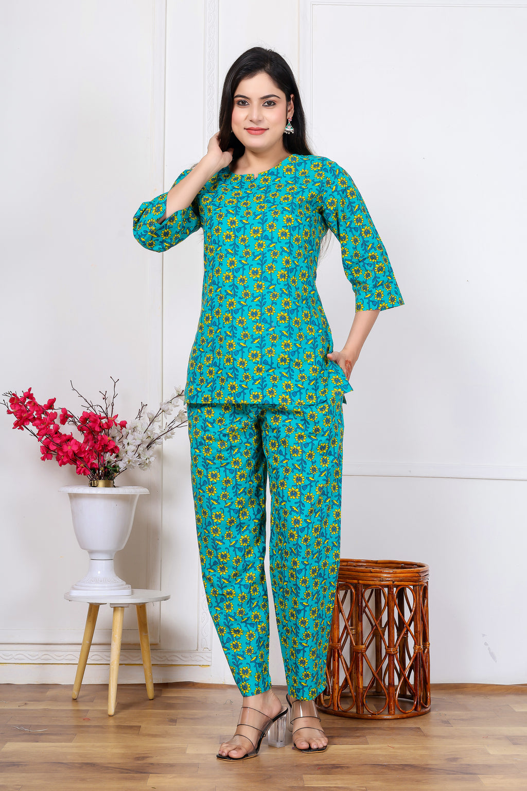 Majestic Diva's Teal Blue Floral Co-ord Set for Women