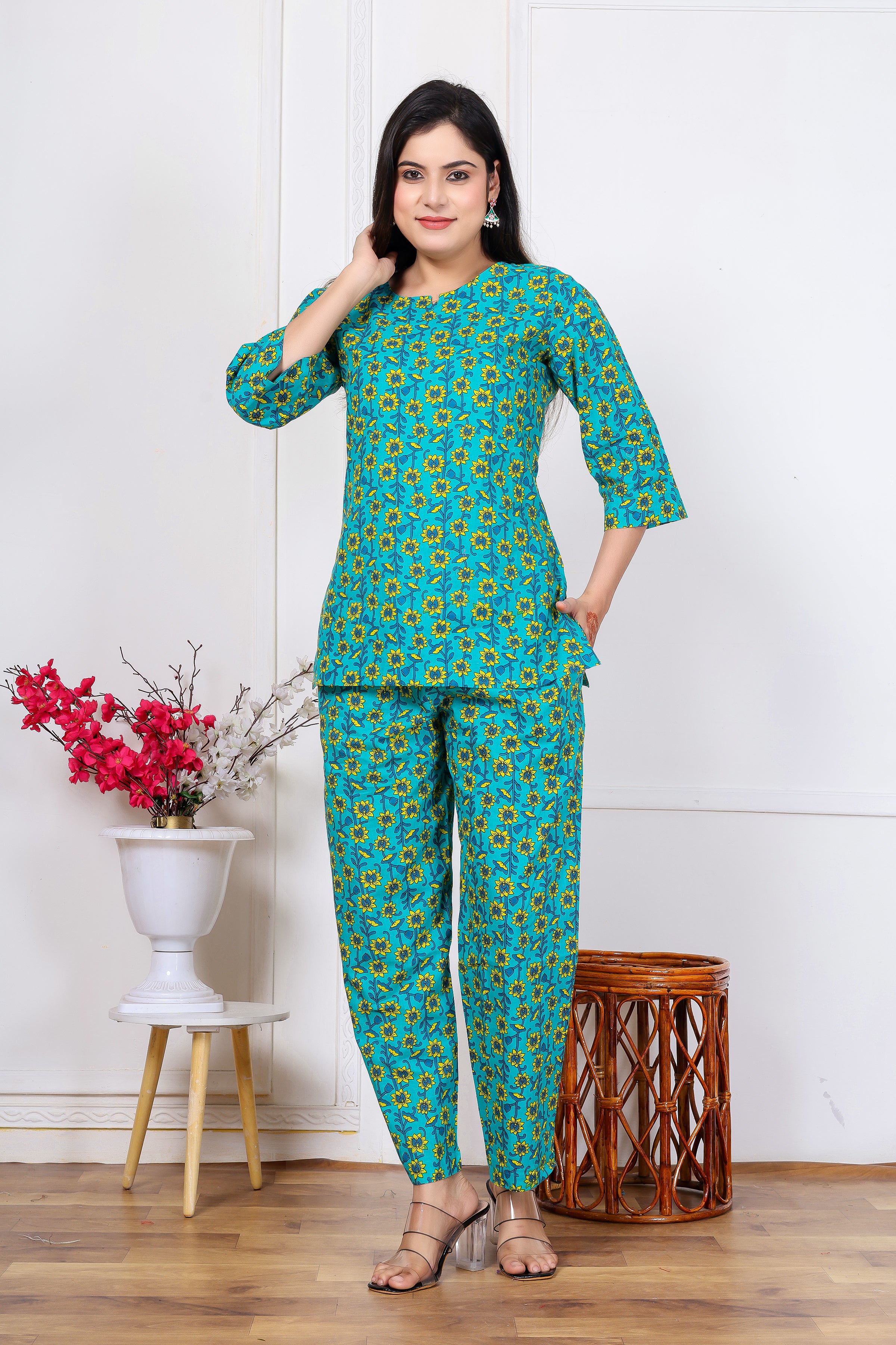 Majestic Diva's Teal Blue Floral Co-ord Set for Women