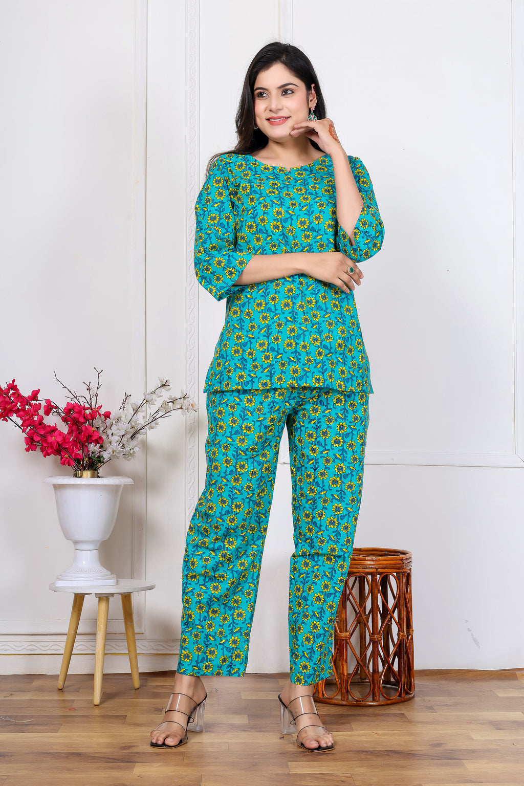 Majestic Diva's Teal Blue Floral Co-ord Set for Women