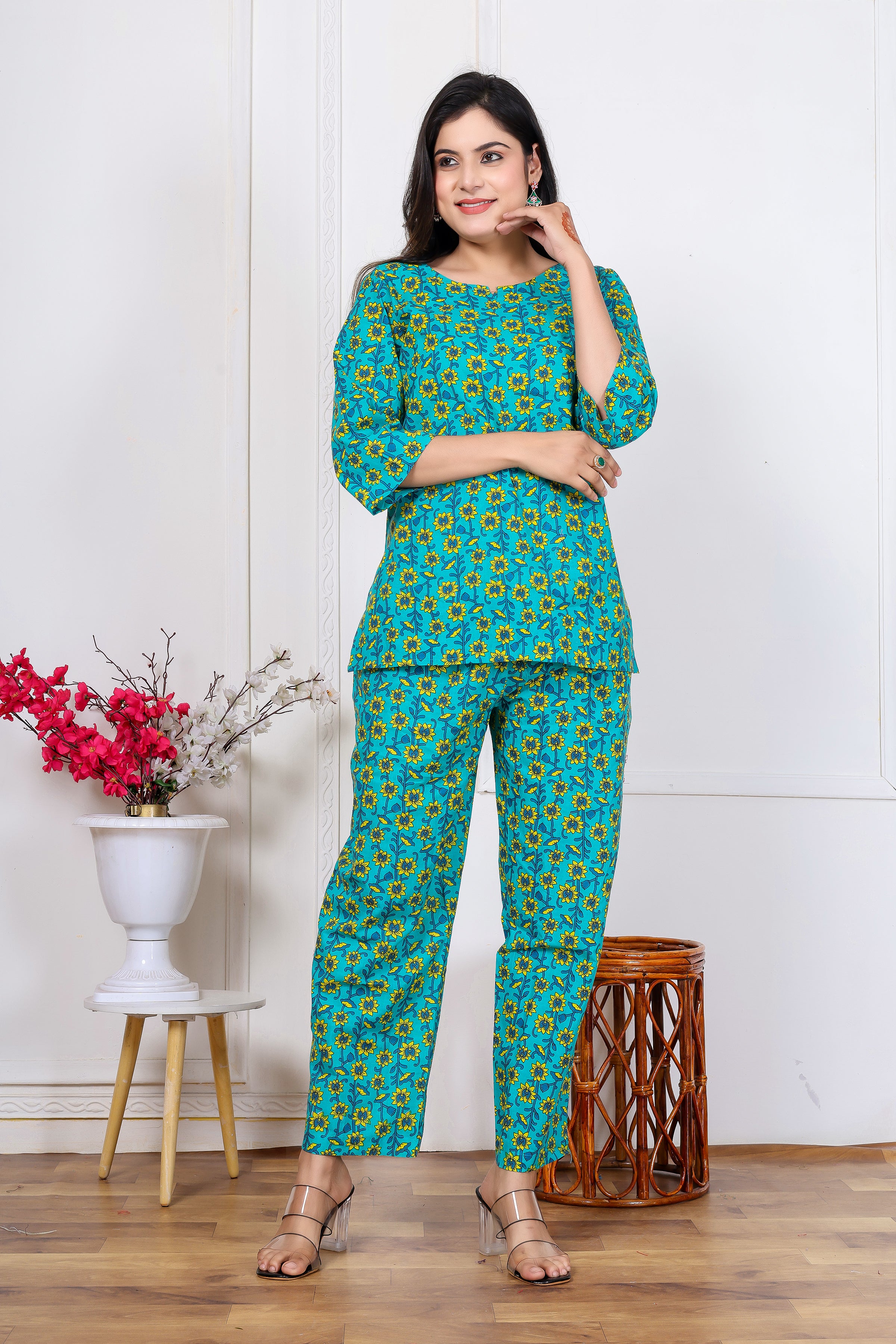 Majestic Diva's Teal Blue Floral Co-ord Set for Women