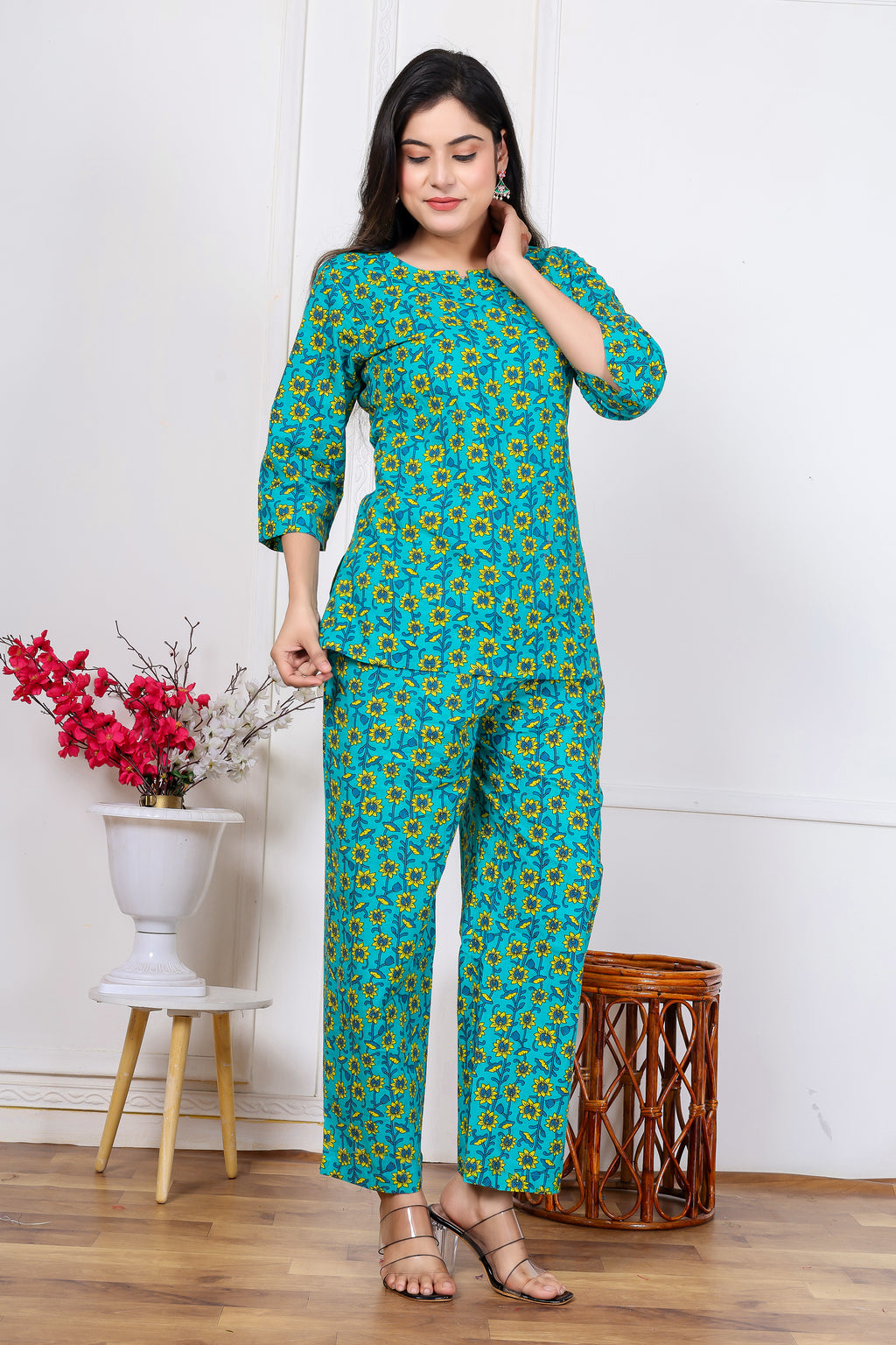 Majestic Diva's Teal Blue Floral Co-ord Set for Women