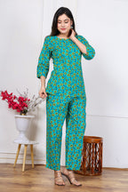 Majestic Diva's Teal Blue Floral Co-ord Set for Women