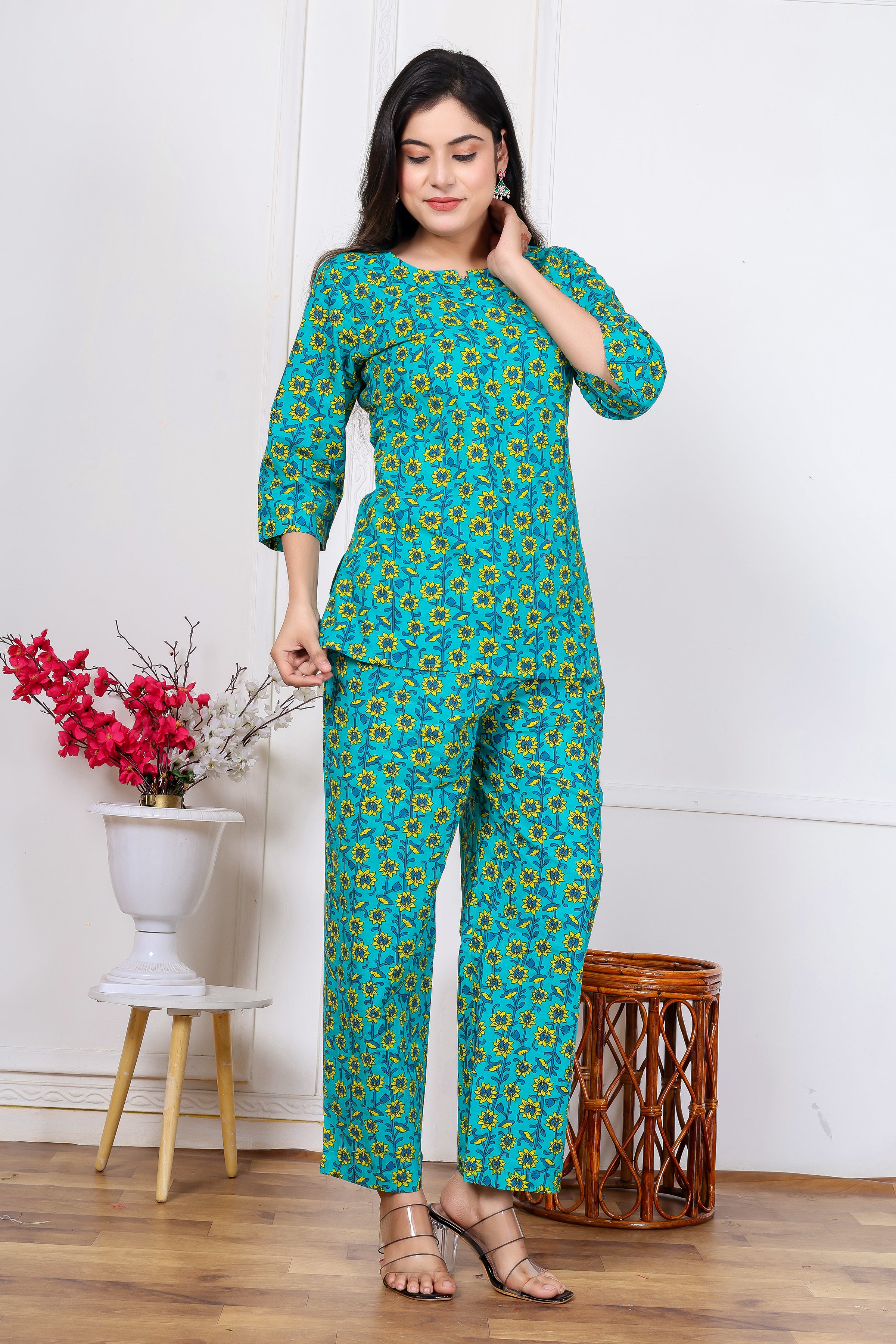 Majestic Diva's Teal Blue Floral Co-ord Set for Women