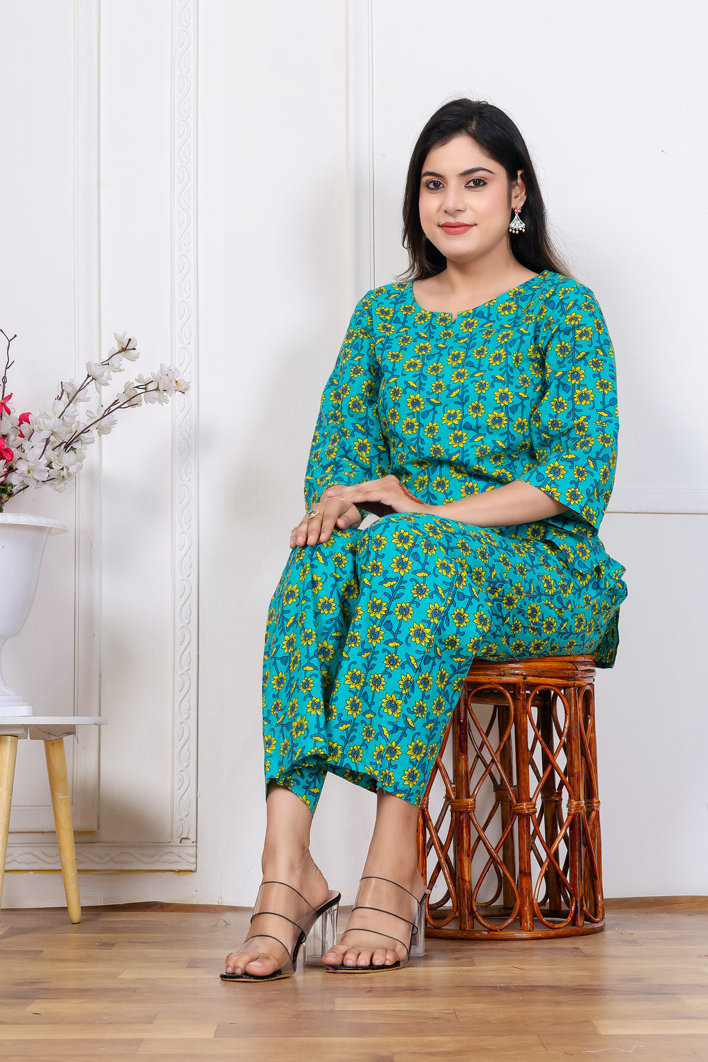 Majestic Diva's Teal Blue Floral Co-ord Set for Women