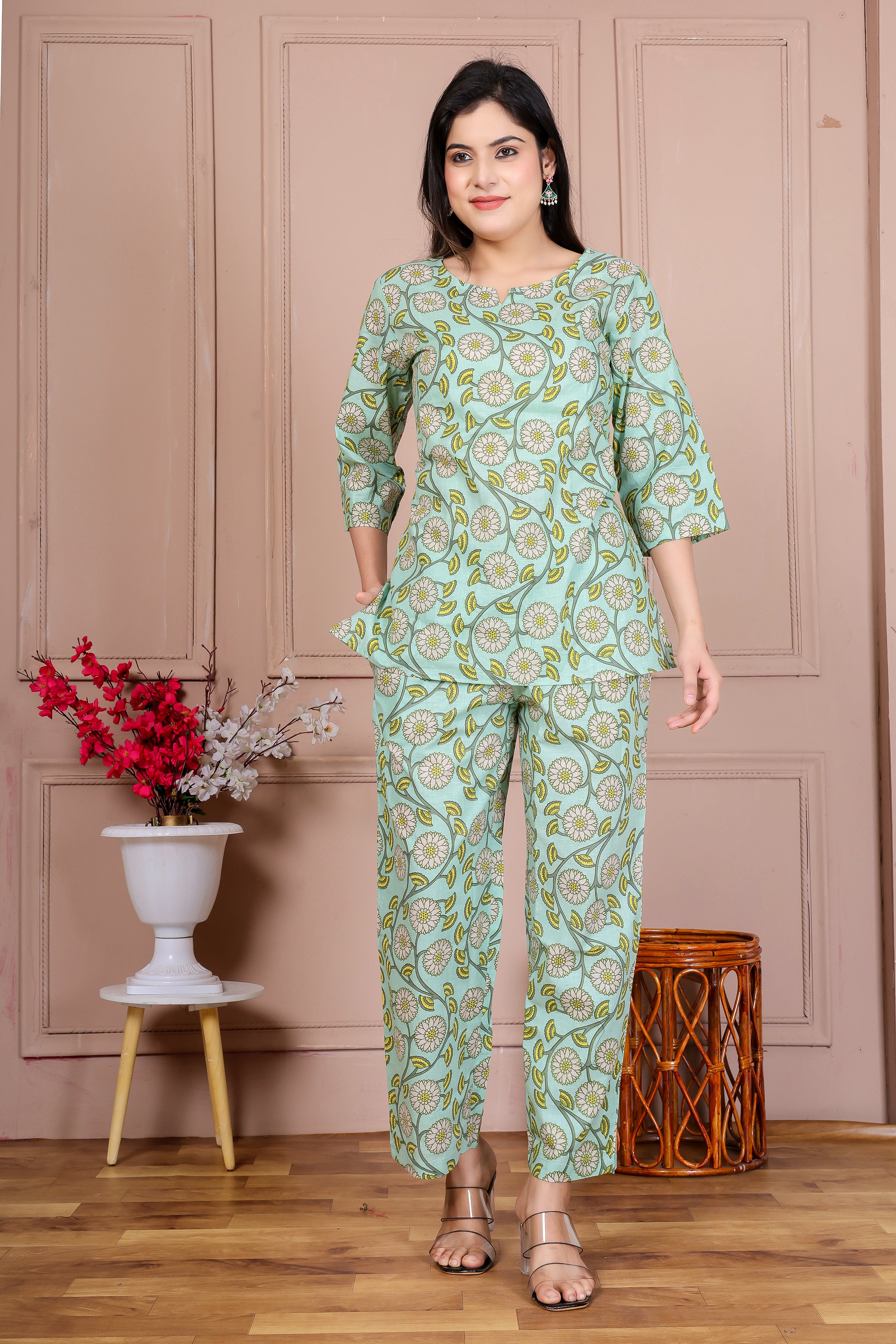Majestic Divas Pista Green Floral Co-ord Set