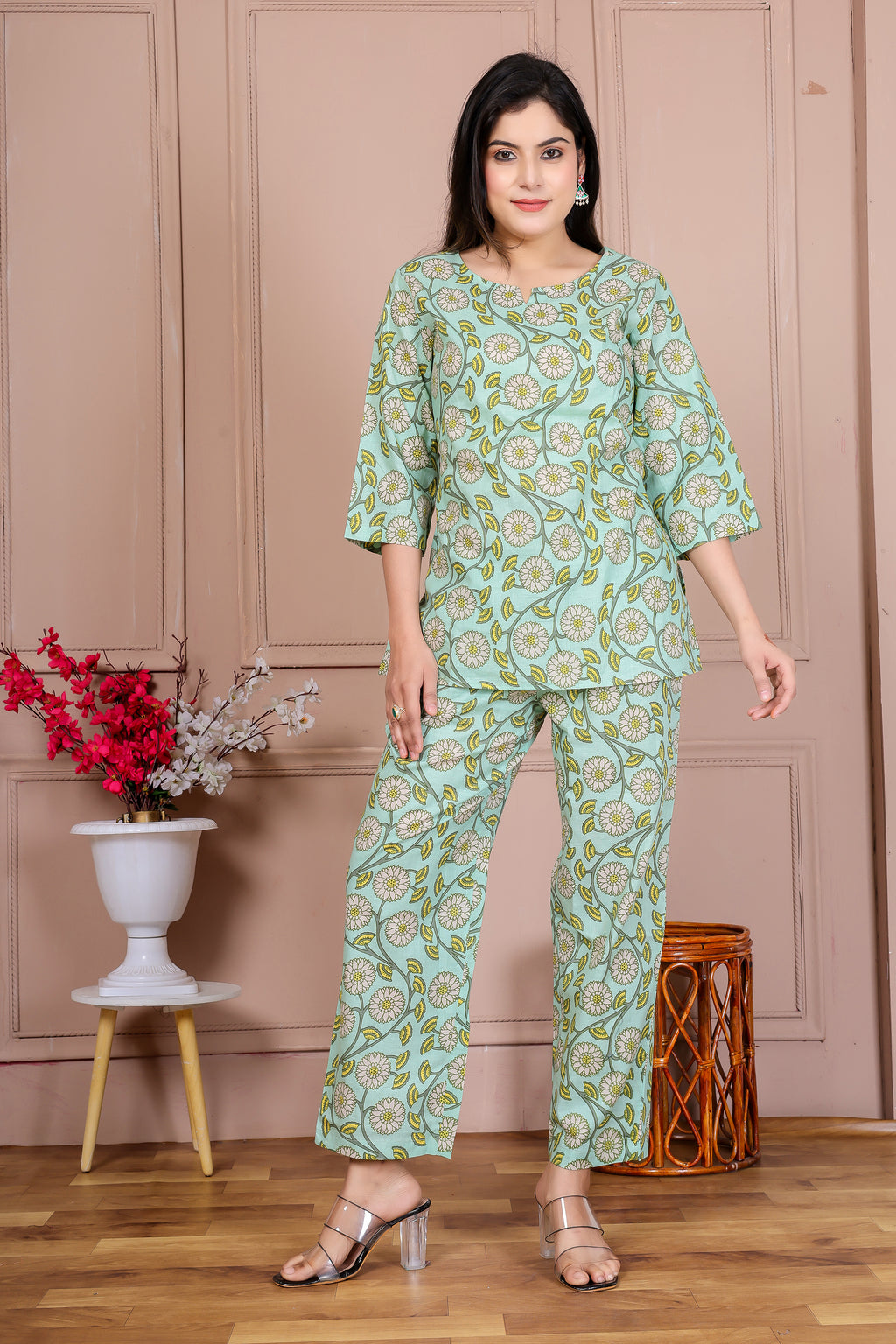 Majestic Divas Pista Green Floral Co-ord Set
