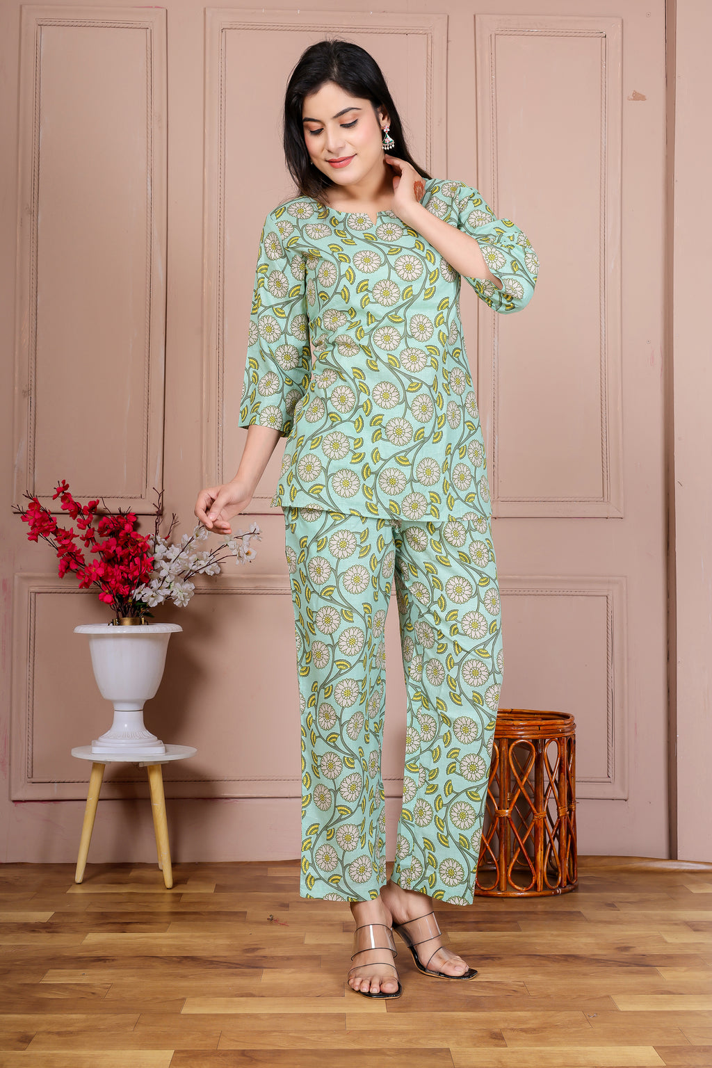 Majestic Divas Pista Green Floral Co-ord Set