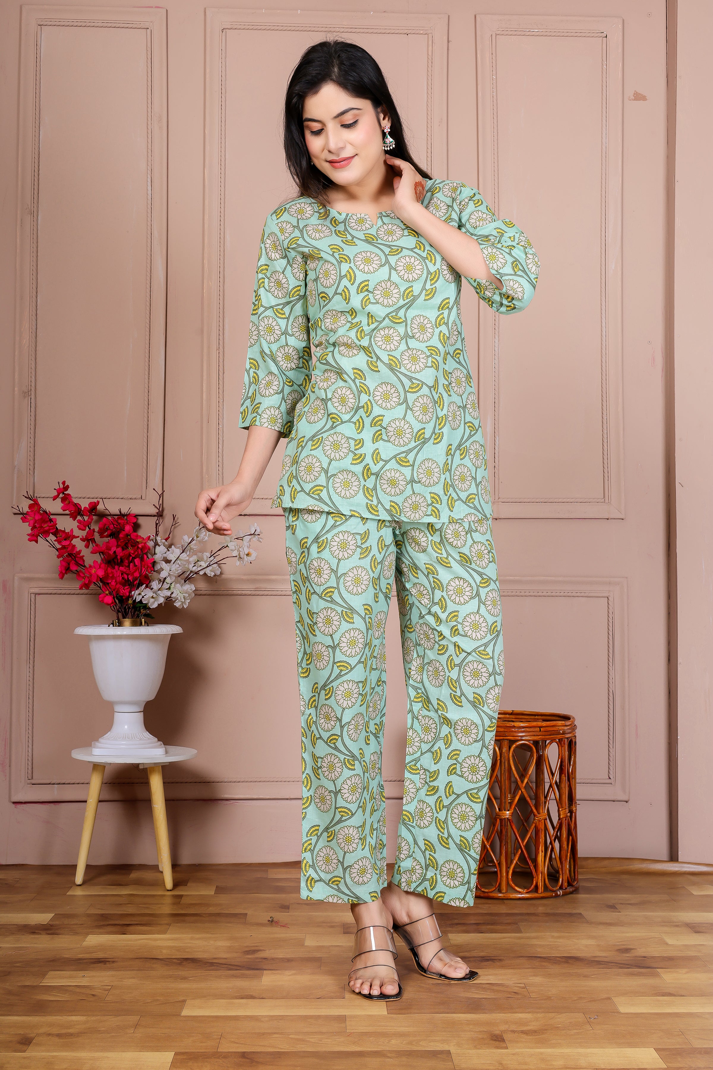 Majestic Divas Pista Green Floral Co-ord Set