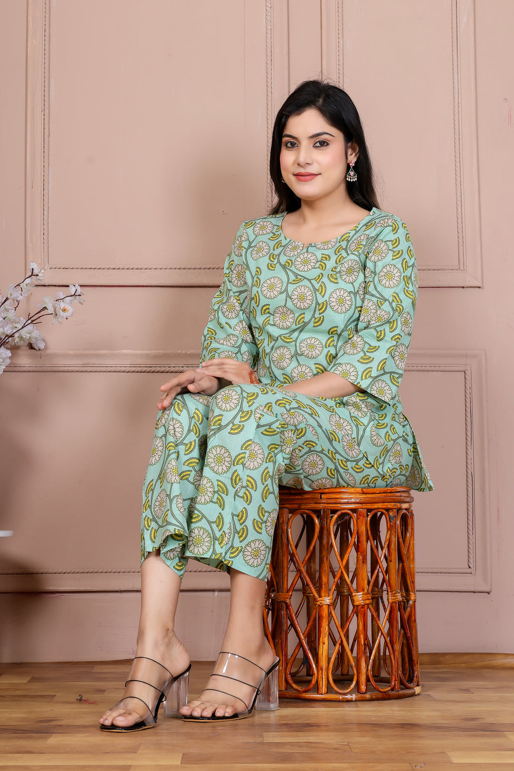 Majestic Divas Pista Green Floral Co-ord Set