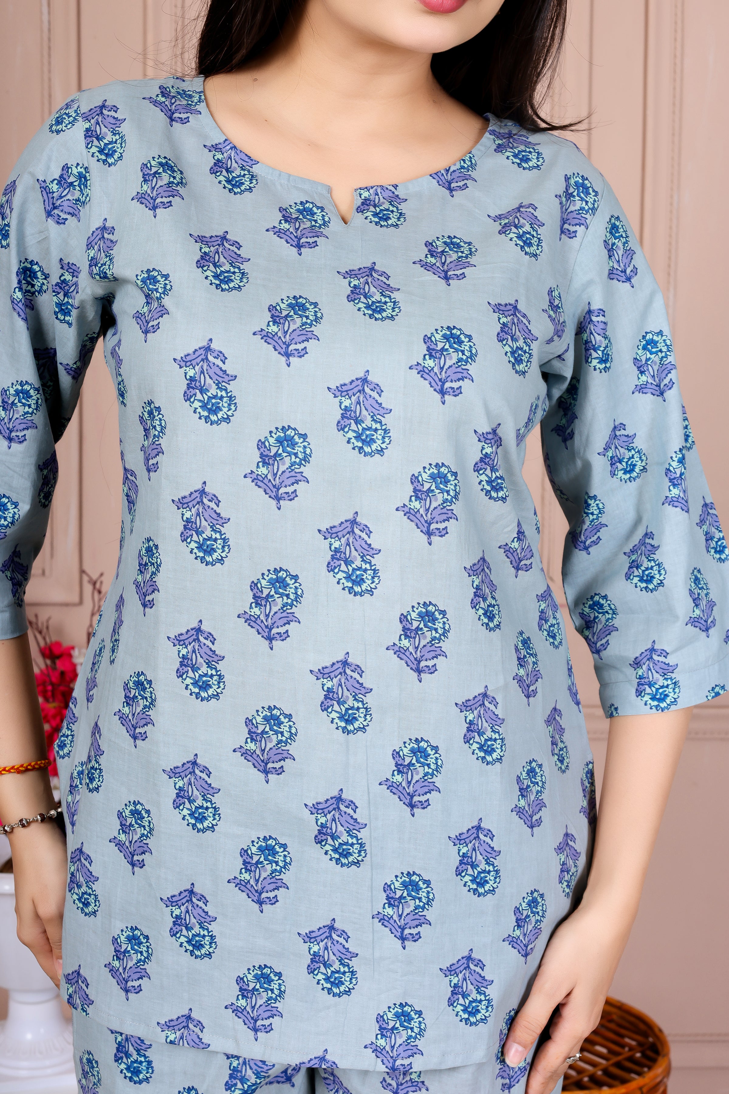 Majestic Divas Sky Blue Printed Cotton Co-Ord Set
