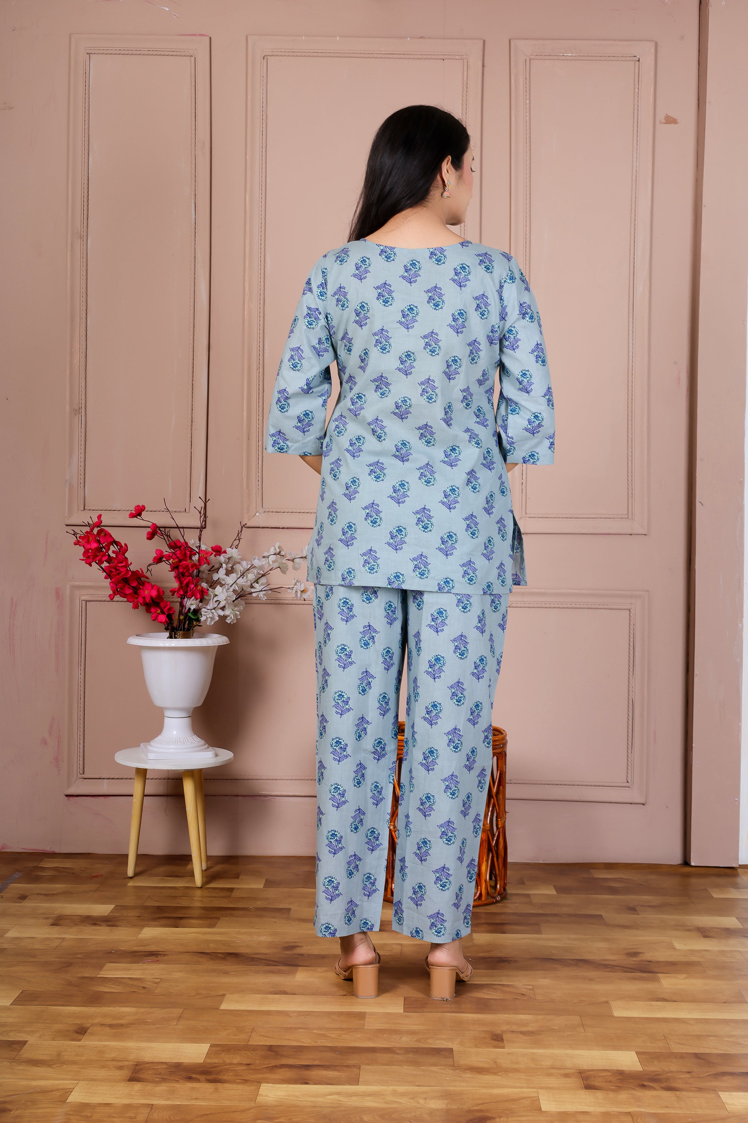 Majestic Divas Sky Blue Printed Cotton Co-Ord Set