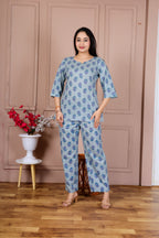 Majestic Divas Sky Blue Printed Cotton Co-Ord Set