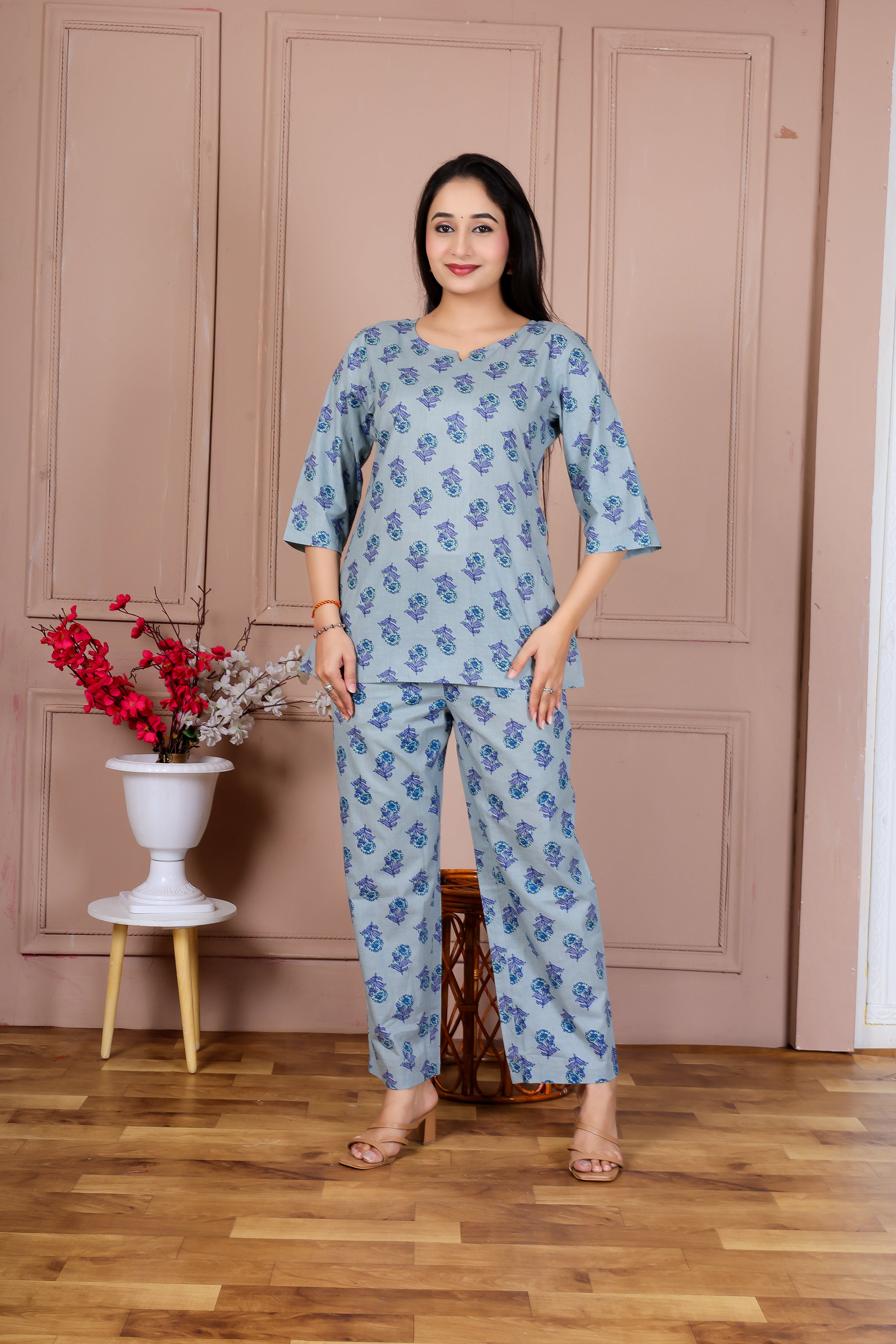 Majestic Divas Sky Blue Printed Cotton Co-Ord Set