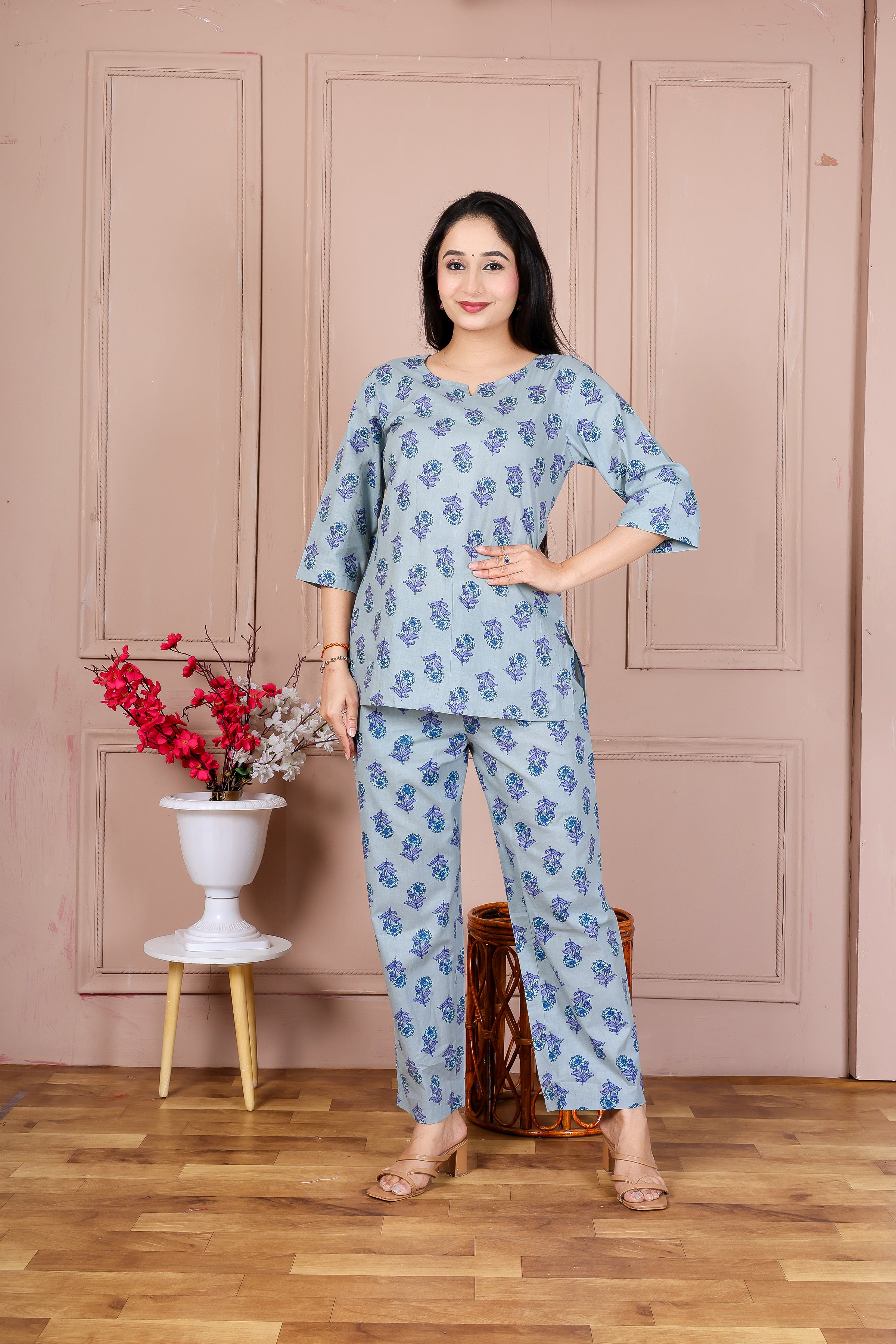 Majestic Divas Sky Blue Printed Cotton Co-Ord Set